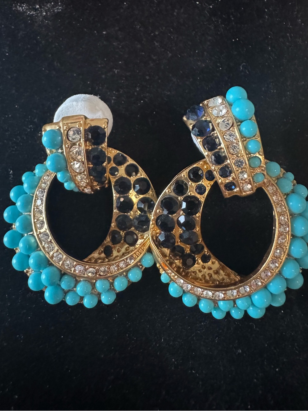 Gold Hoop Earrings with Turquoise Beads and Blue Crystal Accents Costume